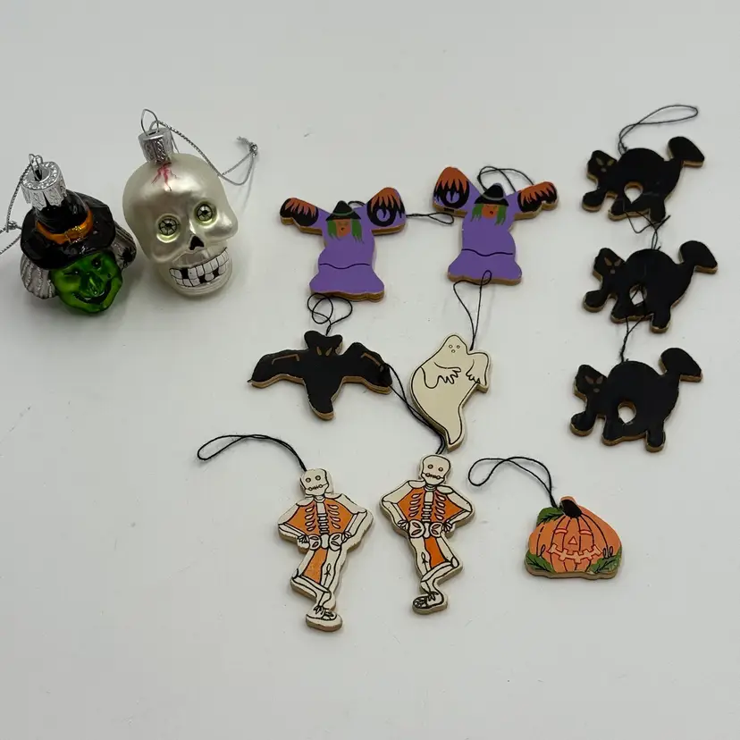 Halloween Ornaments Vintage Two Mercury Glass And Ten Wooden Black Cat Skeleton Witch