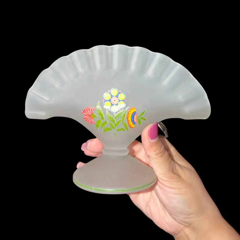 Vintage Westmoreland Satin Glass Fan Vase with Floral Design