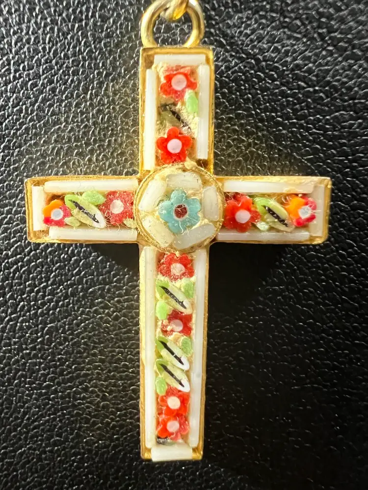 Micro Mosaic Cross On A 17” Gold-tone Necklace Not Marked