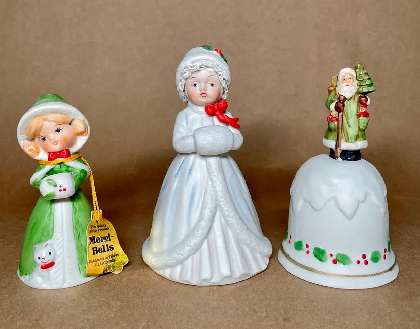 ENESCO Angel Santa Claus + Meri Bells Porcelain Girl Caroler Christmas Bells - VINTAGE