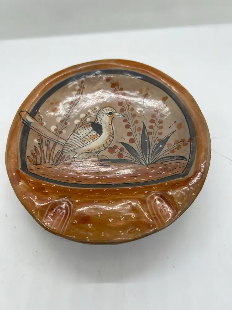 Tonala Mexican Pottery Ashtray With Bird