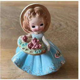 Josef Originals 1974 May Girl with Flower Basket Blue Dress 4” Japan Gold Trim
