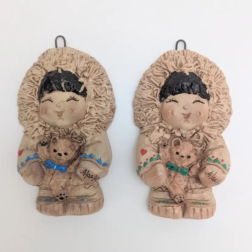 2 VTG 1987 Eski Moppets Handmade Hand Painted Alaska Eskimo Christmas Ornaments