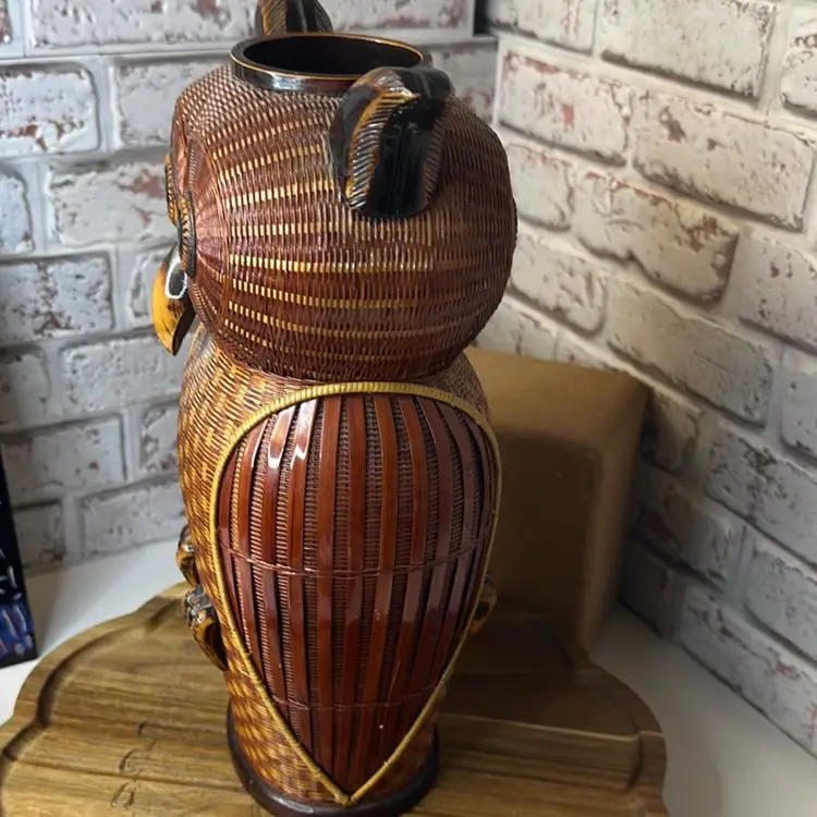 Double-Sided animal bird owl Vase Mid-Century Chinese wicker ratan ceramic 1960's