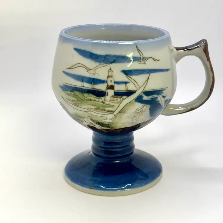 Footed Shorebird Lighthouse Stoneware Mug 4"