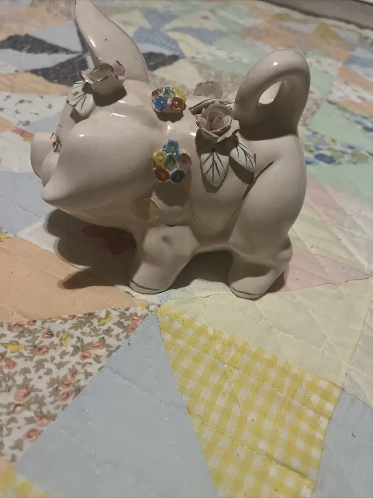 Vintage Piggy Bank 4-1/2" x 5-1/2" With Raised Flowers, Missing It’s Stopper