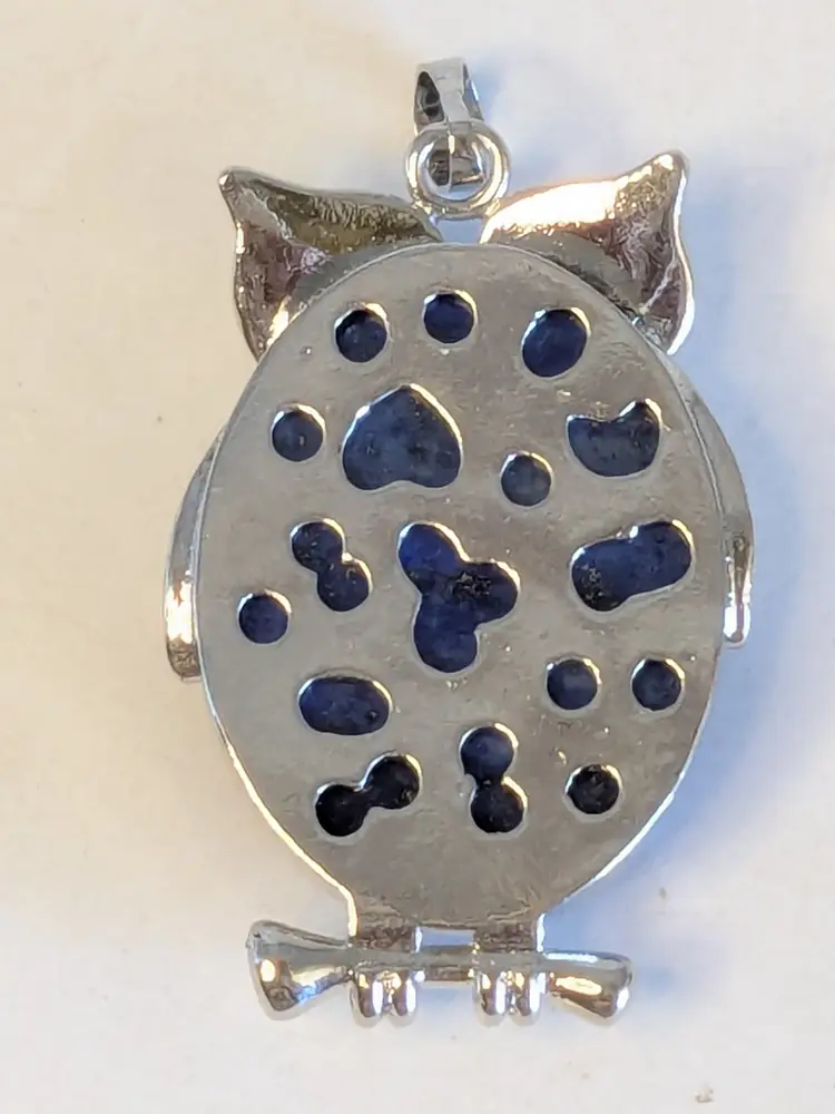 Silver Tone Owl Pendant with Blue Stone
