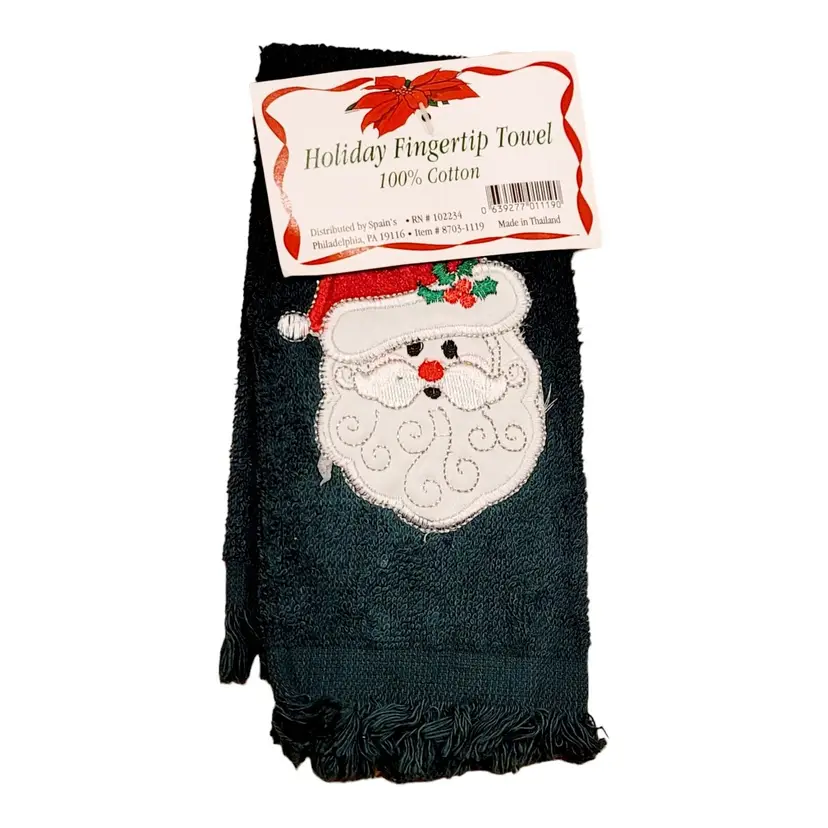Vintage CHRISTMAS Green Guest Small Hand Towel Holiday Embroidered Santa NWT