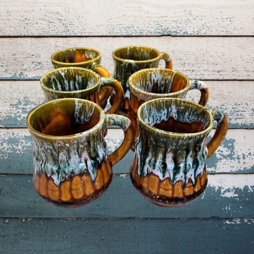 Vintage Set 6 Pottery Mcm Coffee Mugs Drip Glaze Mid Century Modern Farmhouse Cabincore Dark Academia