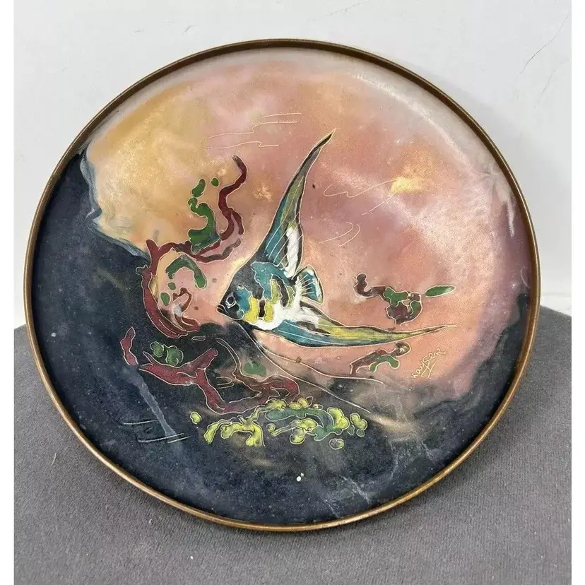 Vintage Enamel on Copper Original Art Angel Fish Bowl Handmade & Signed Kayser