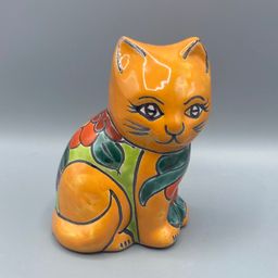 Vintage Talavera Mexico Cat Figurine Pottery Hand Painted