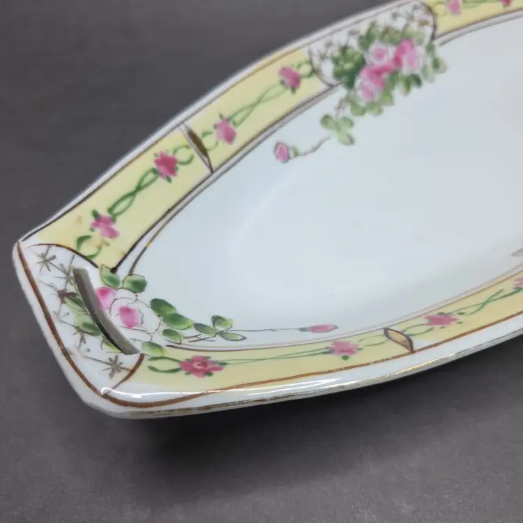 Nippon Hand Painted Celery Dish Trinket Pink Floral Porcelain 11inch