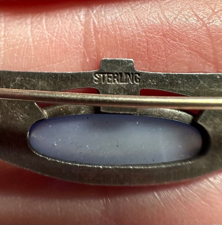 Art Deco Egyptian Revival Sterling Silver, Moonstone & Black Enamel Brooch