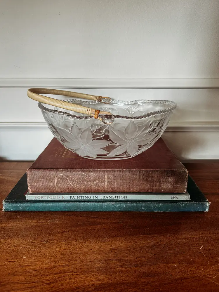 Vintage Glass Poinsettia Basket with Bamboo Handle Embossed Design WP&G Frosted