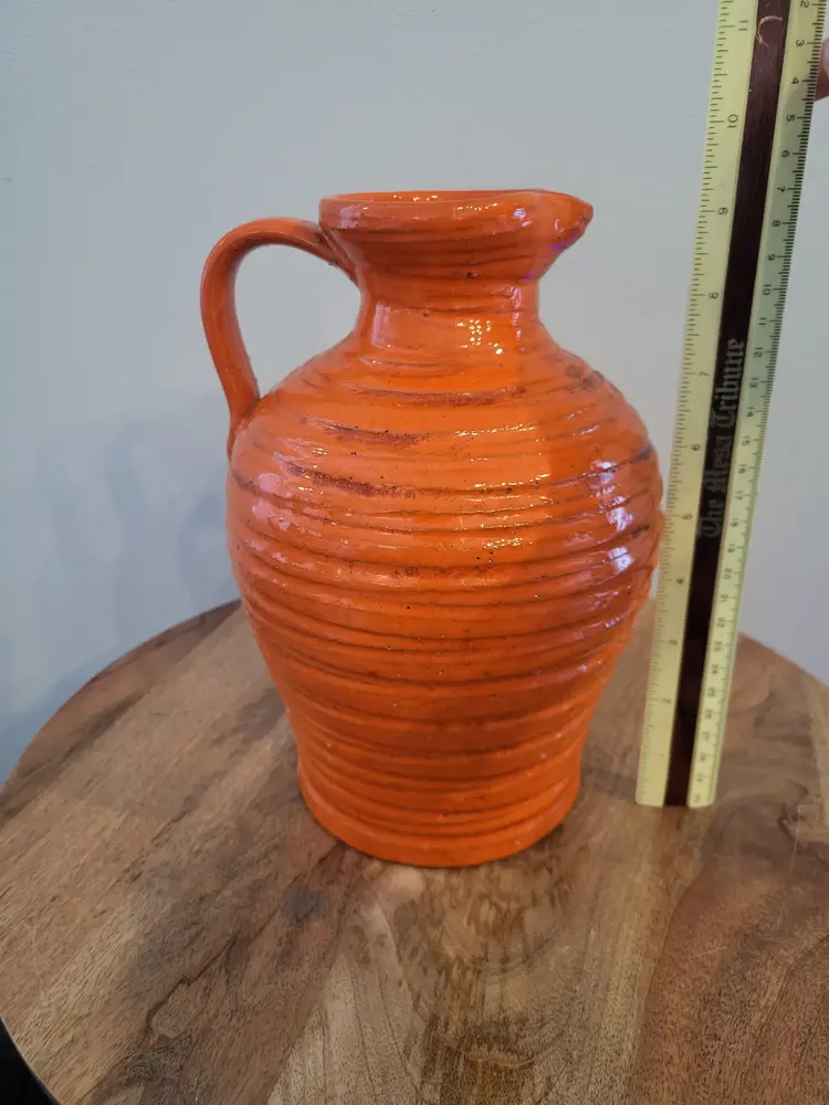 Vintage MCM Rosenthal Netter Pitcher/Vase Orange Glaze Ribbed Textured Pottery