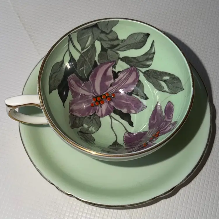 Antique Windsor Bone China England Cup & Saucer; Purple Trillium Flowers
