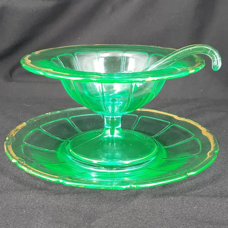 Uranium Glass Gold Edged Mayonnaise Set, Bowl, Under Plate, Ladle Spoon