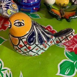 18. Gorgeous 5.5” Long Colorful Talavera Pudgy Bird  🦅 Featuring Golden Rod Yellow Head And Mint Green And White Body. And A Dark Blue Floral Design