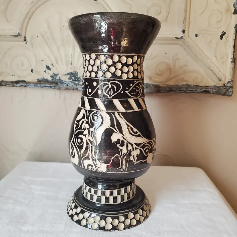 Handcrafted Pottery Stoneware Black and Cream Vase