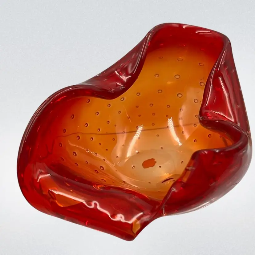 Vintage Murano Orange Amberina  Bullicante Bowl Ashtray 5.5” x 4.5” x 2.5” tall