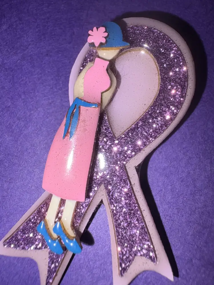 LUCINDA Cancer Awareness Pin ~ Purple Ribbon For Pancreatic Cancer Awareness With A Beautiful Lady In Gold And A Dove