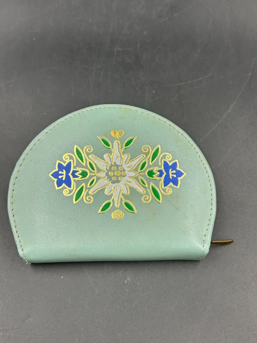 Vintage turquoise, blue and floral Leather Travel Size Sewing Repair Kit, Austria