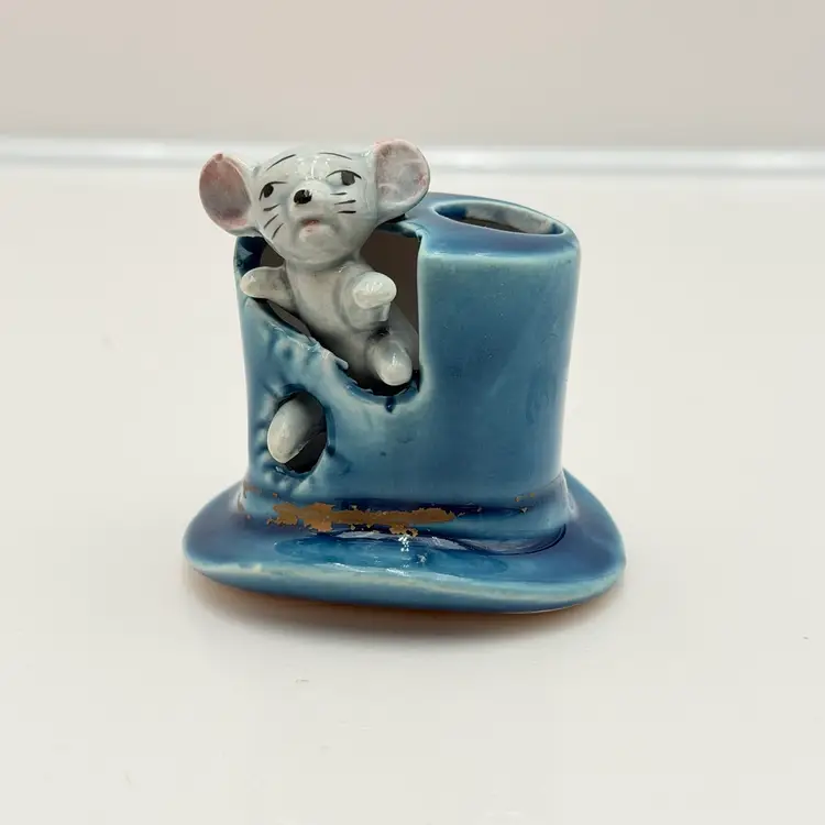 Small Ceramic Made In Japan Mouse In A Hat Toothpick Holder