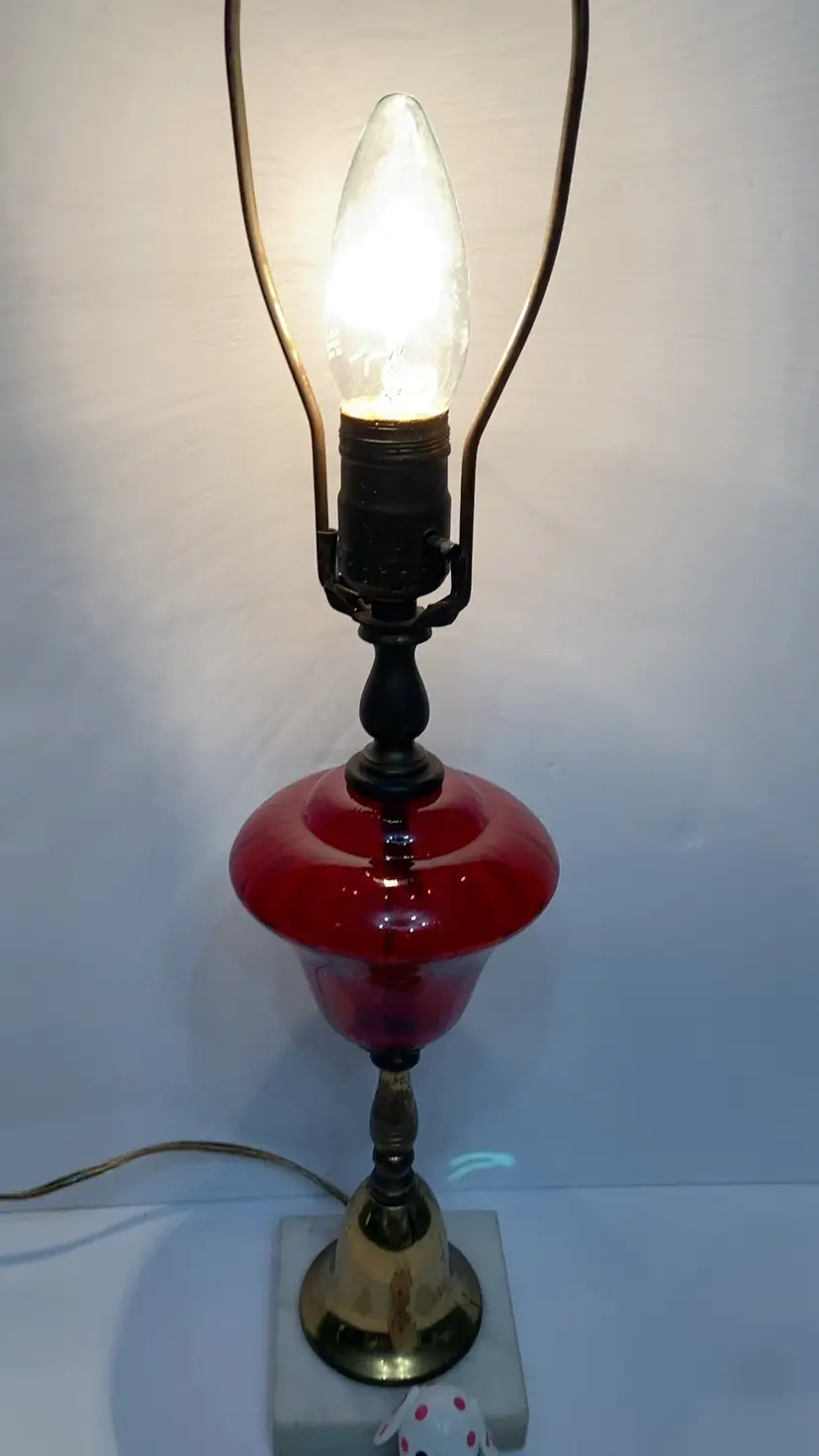 Vintage Ruby Glass Victorian Style Lamp Marble Base Likely Faries 20th Century