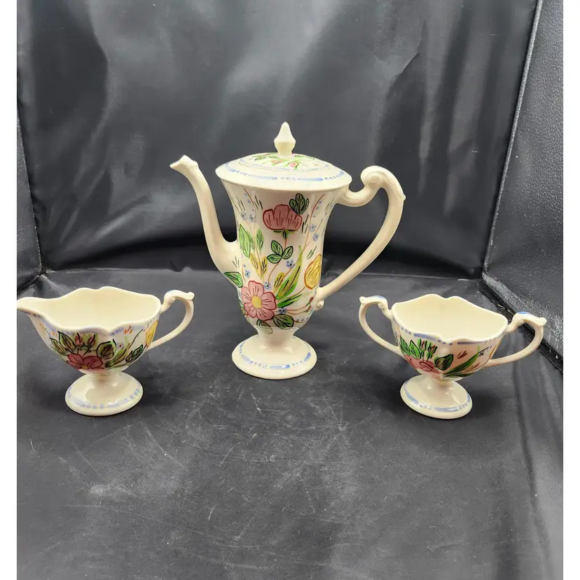 Blue Ridge Pottery Rose Marie Chocolate Pot & Lid with Creamer and Open Sugar