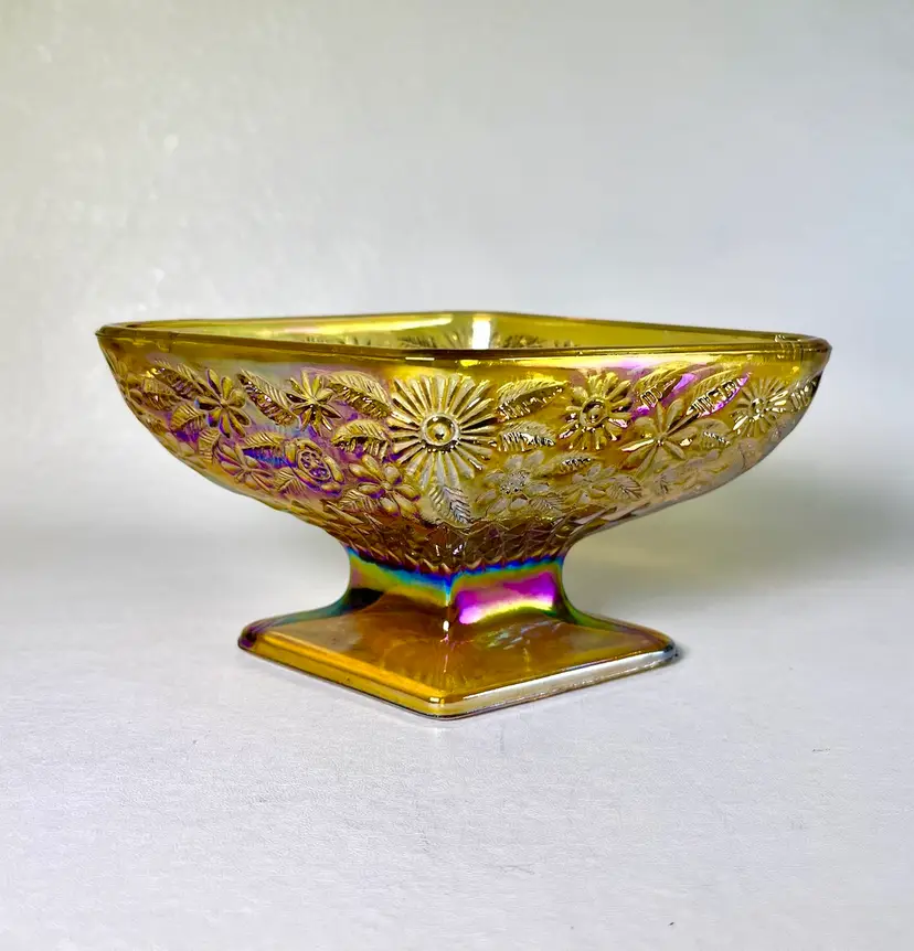 Vintage Indiana Co. Amber Carnival Glass Diamond Shaped Iridescent Candy Dish