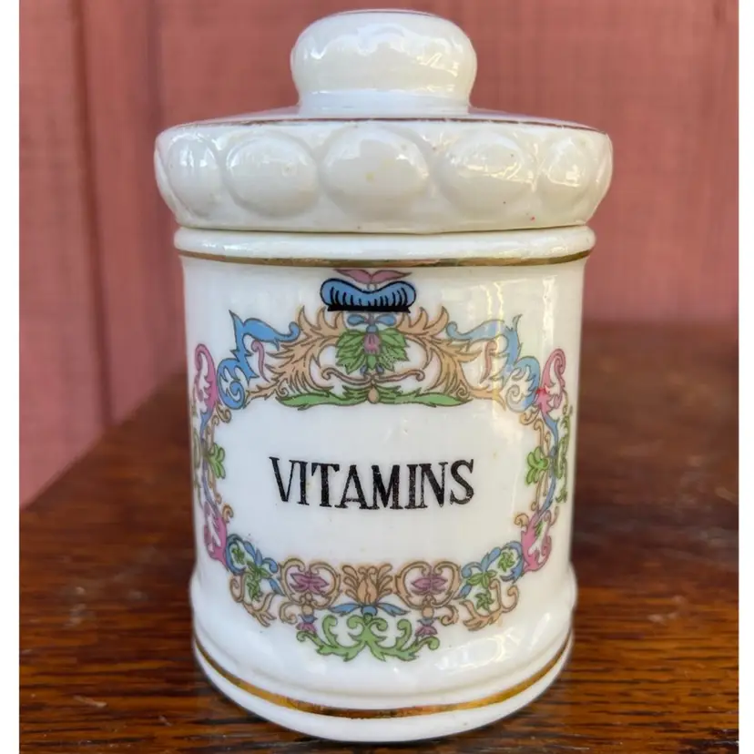 Porcelain “Vitamins” Apothecary Jar With Lid. 3 1/8”h With Lid. Made In Japan Sticker.