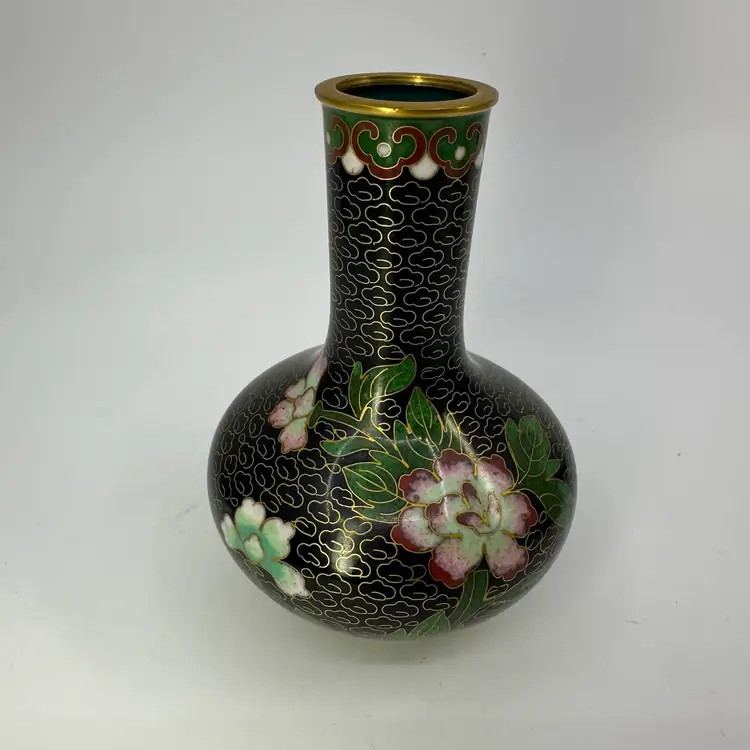 Vintage Chinese Cloisonne Enamel Vase w/Flowers & Bird on Black