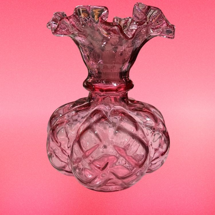 13. Pink Fenton Diamond Optic Melon Vase About 8”