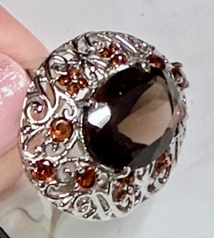 Brazilian Smokey Quartz & Marambi Garnet 9.6 Carats S. Steel Size 7 Ring