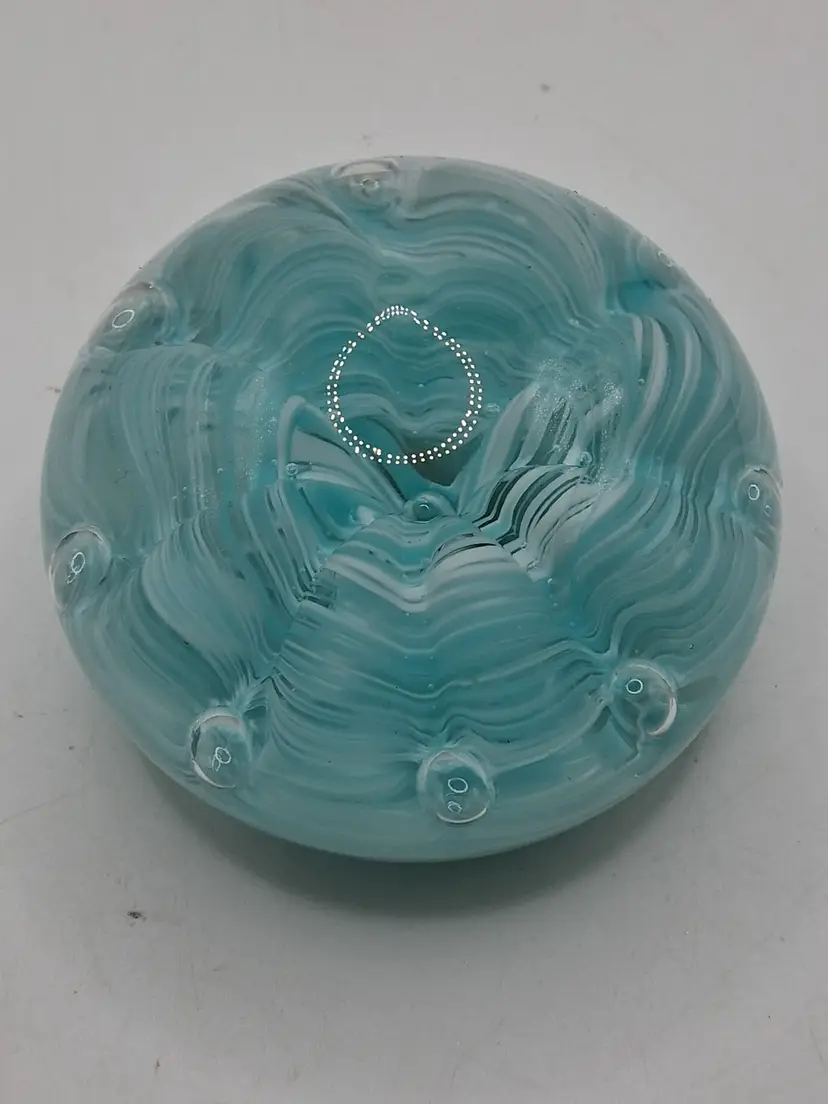 Vintage Prestige, Elwood Indiana, Green White, Controlled Bubble Paperweight