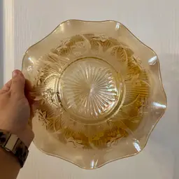 Vintage Jeanette Glass Iris & Herringbone Iridescent Marigold Carnival Glass Ruffled Bowl
