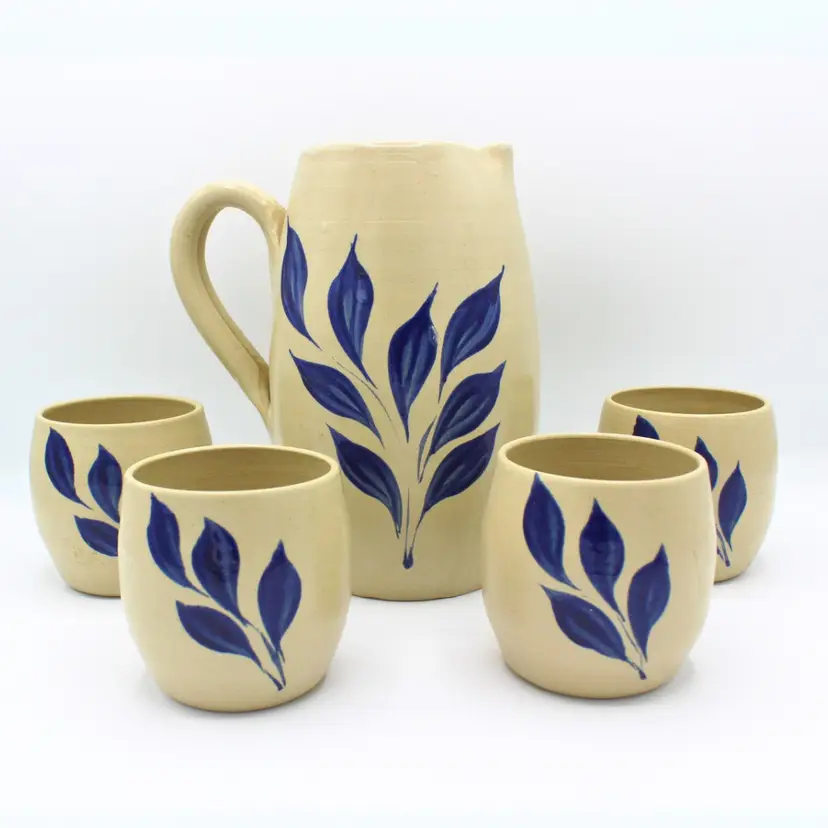 Vintage Williamsburg Pottery Pitcher Set 4 Matching Cups Cobalt Blue Leaf Design