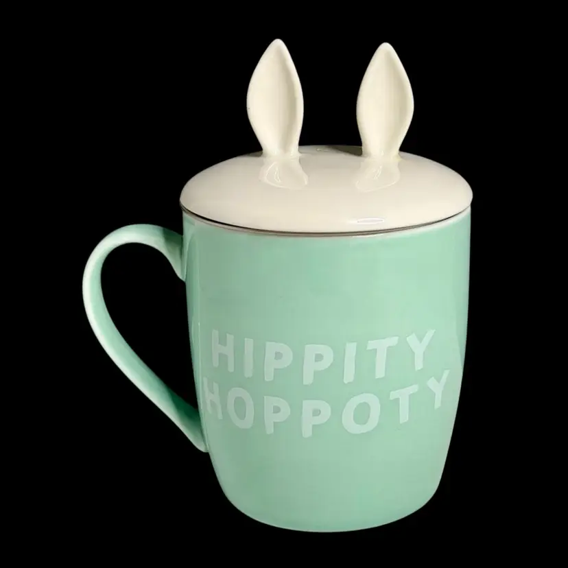 Coco & Lola Tea New Bone China “Hippity Hoppoty” Mug Set W/Cover Bunny Rabbit Easter 
6” T