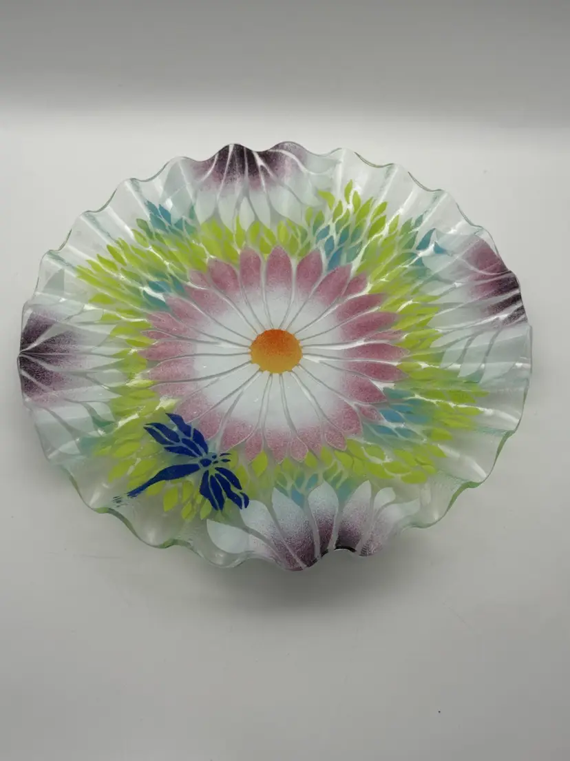 Sydenstriker Fused Glass Floral and Dragonfly 12” Wavy Plate Platter