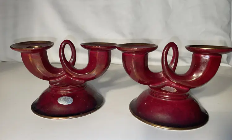 Carlton Ware Rouge Royale Double Candle Holder Red & Gold Vintage