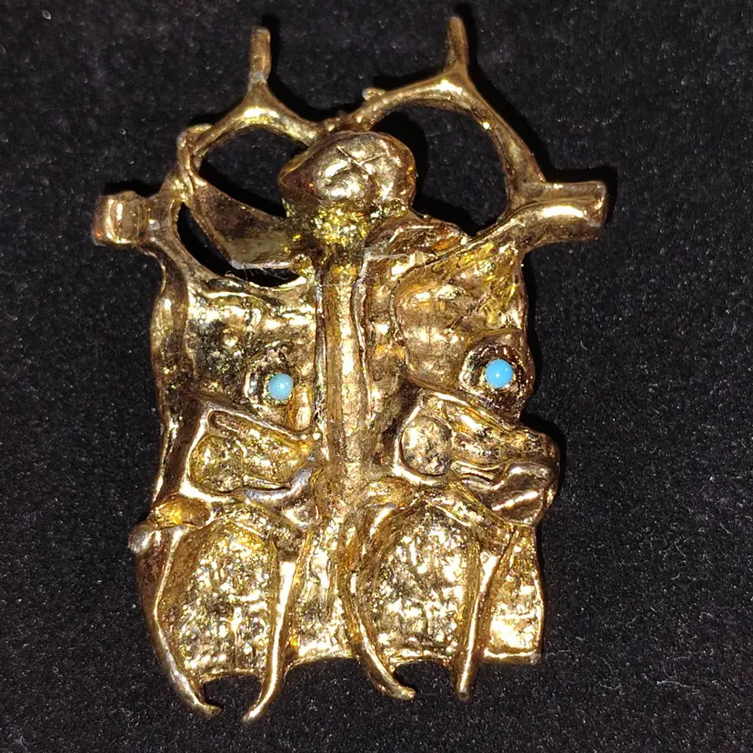 Vintage Signed Igael Tumarkin Gold Plated & Turquoise, 'Prisoner Of Conscience' Brutalist Brooch Pendant