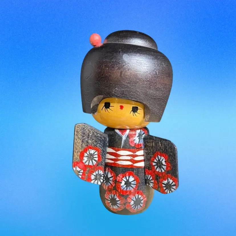 Japanese Kokeshi Wooden Doll Asakusa Girl Vtg Navy Kimono Red & White Flowers Hair Pin READ
5” T x 3” L x 2-1/2” W