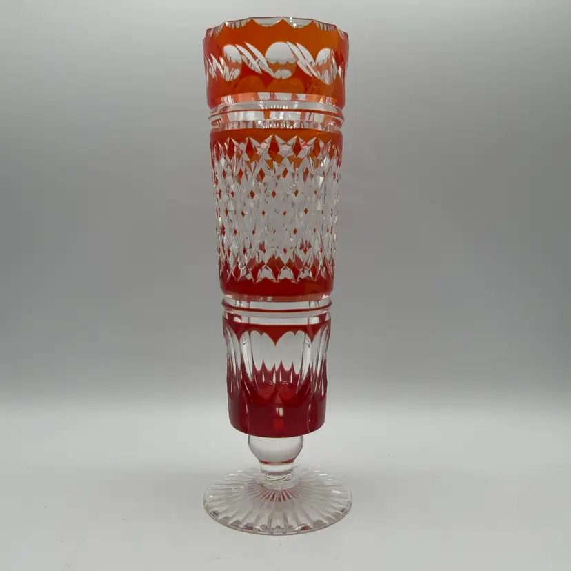 Beautiful Cut To Clear Orange To Maroon Ombre Tall Glass Vase