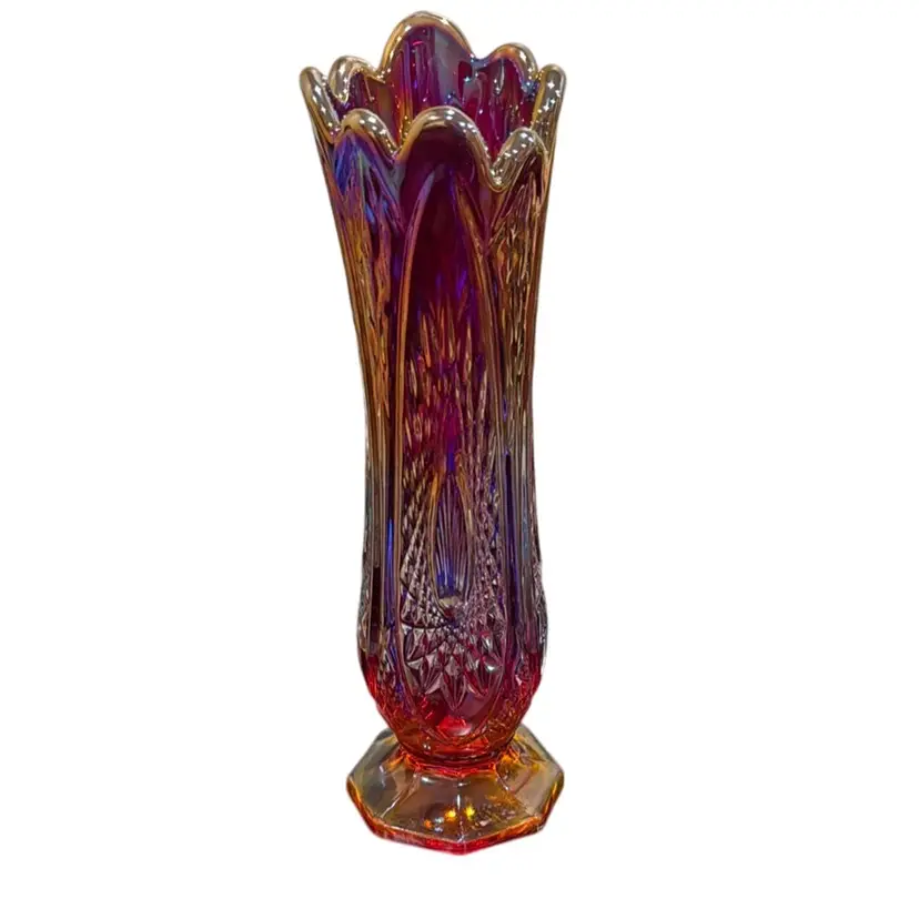 Vintage Indiana Glass – Heirloom Amberina Carnival Swung Vase - GLOWS! - 11”