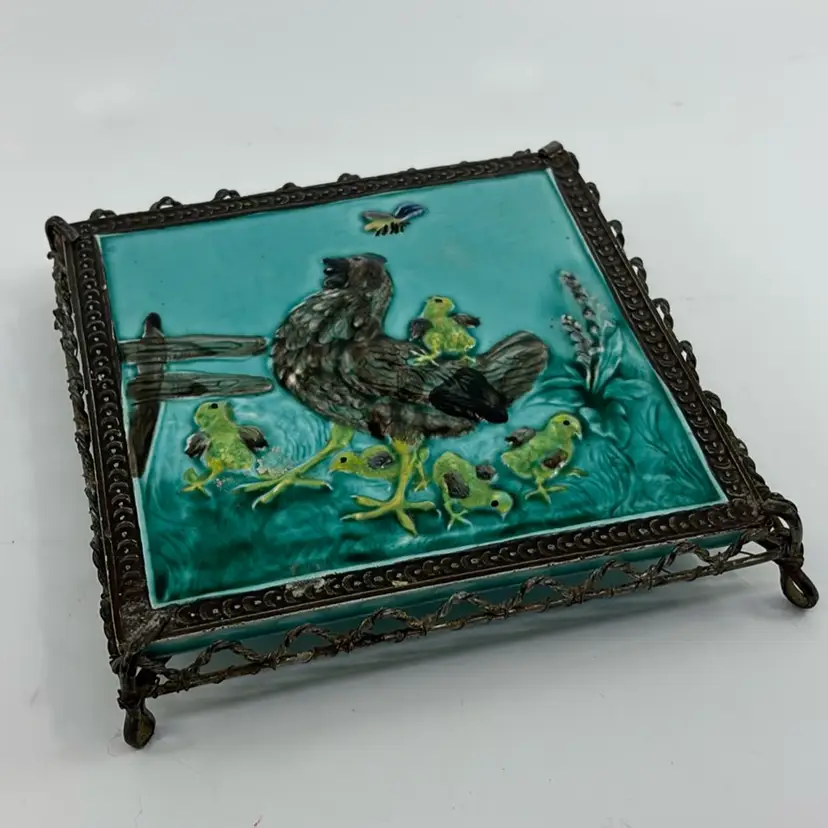 Antique George Jones England Victorian Majolica Hens & Chicks Tile Trivet #119 Wire Applied Ornate Stand Circa 1870-1880 6x6 1.5H