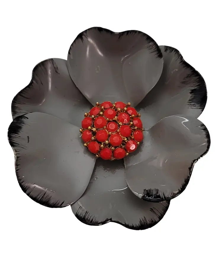 Vintage Scarlet Red Rhinestone And Gray Metal Flower Brooch Pin E650