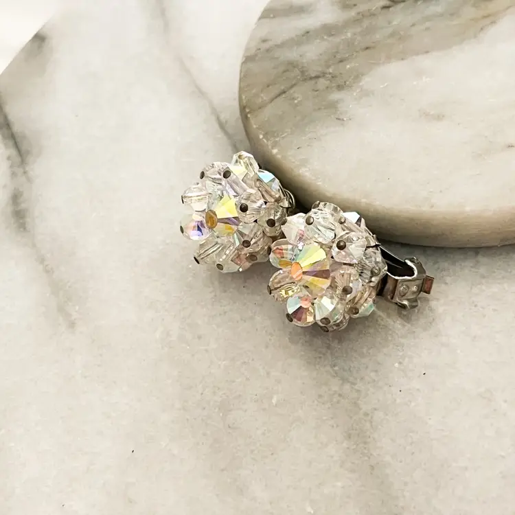 Vintage Signed Hobe Earrings AB Crystal Faceted Beads Clip On Silver Toned 