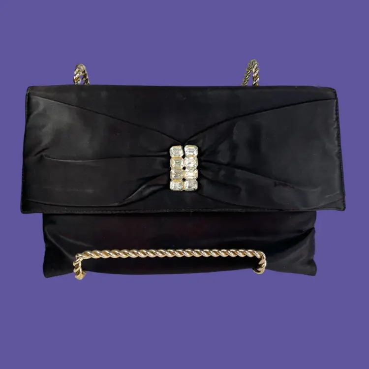Vintage Ingber & Co. Black Satin Evening Clutch Purse. Bow with Rhinestone Bling. Includes a Silhouette Black Eyeglass Case. *See Condition*