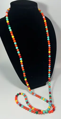 Vintage Opera Style Rainbow Round Plastic Bead Necklace 52"