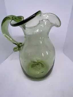 Vintage Hand-Blown Green Glass Pitcher with Applied Handle With Pontil